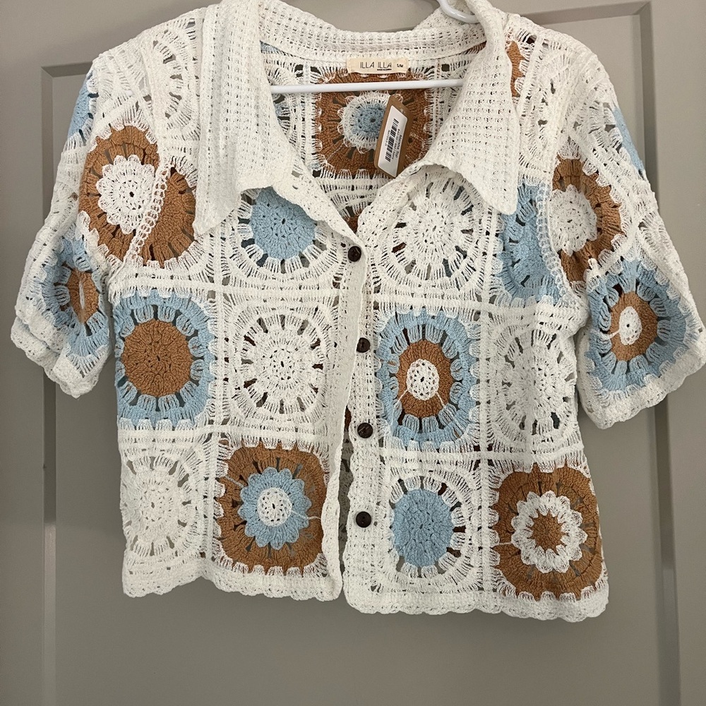 ILLA ILLA Crochet Button Down Shirt - White, Blue, and Brown